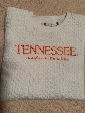 Pressbox White Cable-Knit Crewneck with Orange Tennessee Embroidery